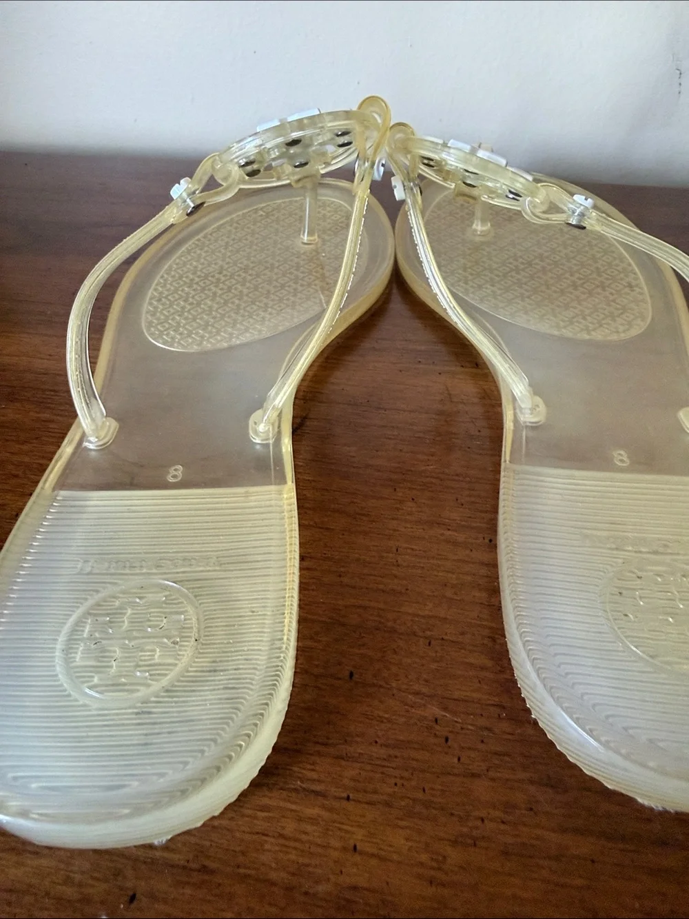 Tory Burch Clear Jelly Thong Sandals with White Logo Medallion